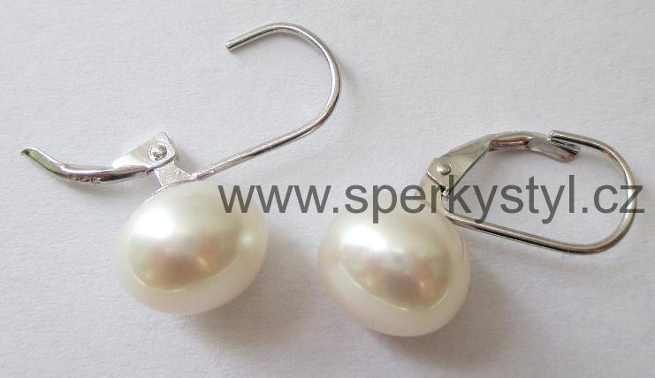 Luxusní stříbrné zapínací náušnice s říční perlou - bílá