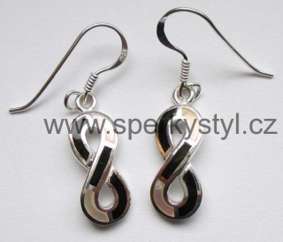 Elegantní stříbrné náušnice s minerálem onyx a bílou perletí - nekonečno